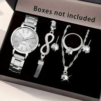 6PCS Women Watch Jewelry Set - Fashion Quartz Watch + Crystal Infinity Bracelet Necklace Earring Ring for Ladies（Without Box）