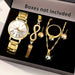 6PCS Women Watch Jewelry Set - Fashion Quartz Watch + Crystal Infinity Bracelet Necklace Earring Ring for Ladies（Without Box）