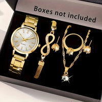 6PCS Women Watch Jewelry Set - Fashion Quartz Watch + Crystal Infinity Bracelet Necklace Earring Ring for Ladies（Without Box）