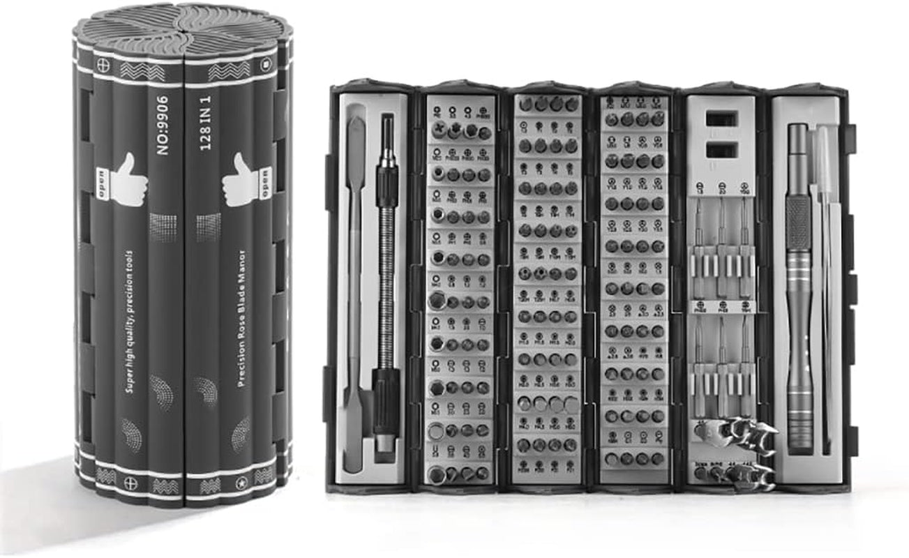 Precision Screwdriver Set Cylinder Organizing Case 128Pcs in 1 Case S2 Alloy Steel HRC 56 Hardness Bits Space-Saving Roll-Up Case Professional Toolset Magnetizing Bit Heads for Most Sizes (9906)