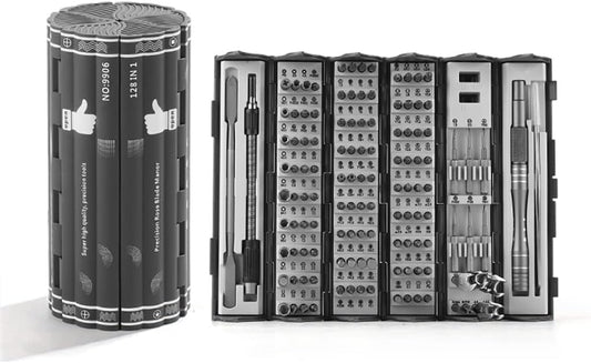 Precision Screwdriver Set Cylinder Organizing Case 128Pcs in 1 Case S2 Alloy Steel HRC 56 Hardness Bits Space-Saving Roll-Up Case Professional Toolset Magnetizing Bit Heads for Most Sizes (9906)